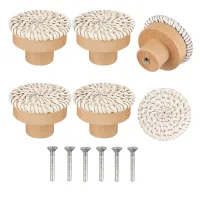 Boho Rattan Dresser Knobs Round Wooden Drawer Knobs Handmade Wicker Woven and Screws for Boho Furniture Knobs Beige