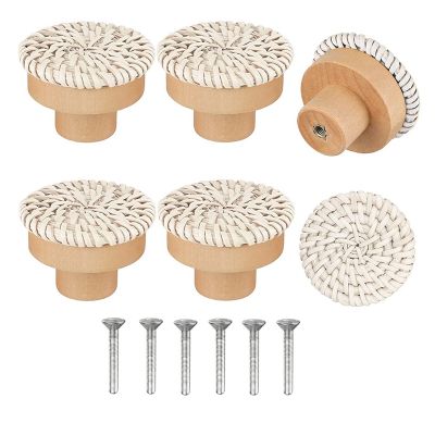 Boho Rattan Dresser Knobs Round Wooden Drawer Knobs Handmade Wicker Woven and Screws for Boho Furniture Knobs Beige