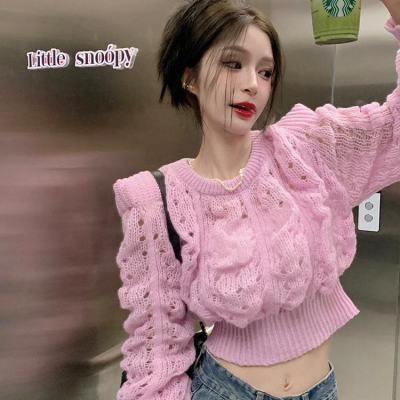เสื้อสเวตเตอร์ลำลองแบบวินเทจสีชมพูผ่าหน้าสำหรับผู้หญิงเสื้อจั๊มเปอร์ถักแบบเสื้อเกาหลี2022เสื้อแขนพอง