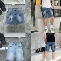 Chrome Heartsˉ Heavy industry color leather embroidery Chrome heart cross men and women couple jeans shorts 005 004 009 011∋✓