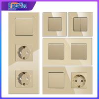 Bingoelec Golden Crystal Glass Panel 1 2 3Gang 1 2 Way Pass Through on / Off Light Switch Stair Wall Switch with EU Socket