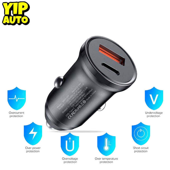 YIP AUTO Car Charger Dual Port Quick Charge for Phone Type C PD Fast