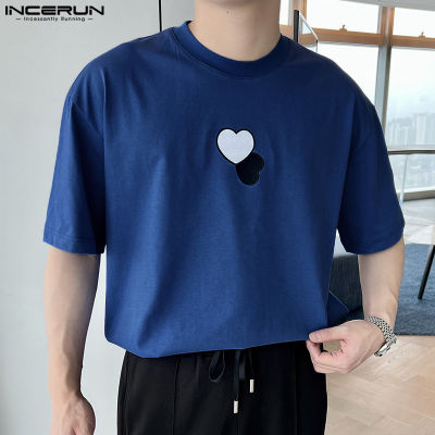 เสื้อยืดเสื้อลำลองเสื้อยืดคอกลมหัวใจผู้ชายแขนสั้น INCERUN (สไตล์เกาหลี)