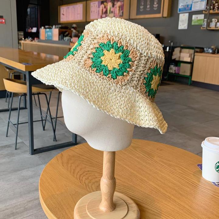 hot-summer-outdoor-paper-straw-hat-women-beach-holiday-sun-wide-brim-hand-woven-flowers-daisy-bucket-straw-hat