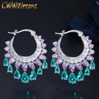 CWWZircons Elegant Purple Blue CZ Crystal Dangle Water Drop Tassel Hoop Earrings Fashion Bridal Wedding Boho Jewelry CZ741