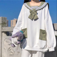 QWEEK Bunny Hoodie Women Kawaii Sailor Collar Sweatshirt with Lush Sleeves Korean  Casual E Girl Bow Tracksuit Cute Tops New