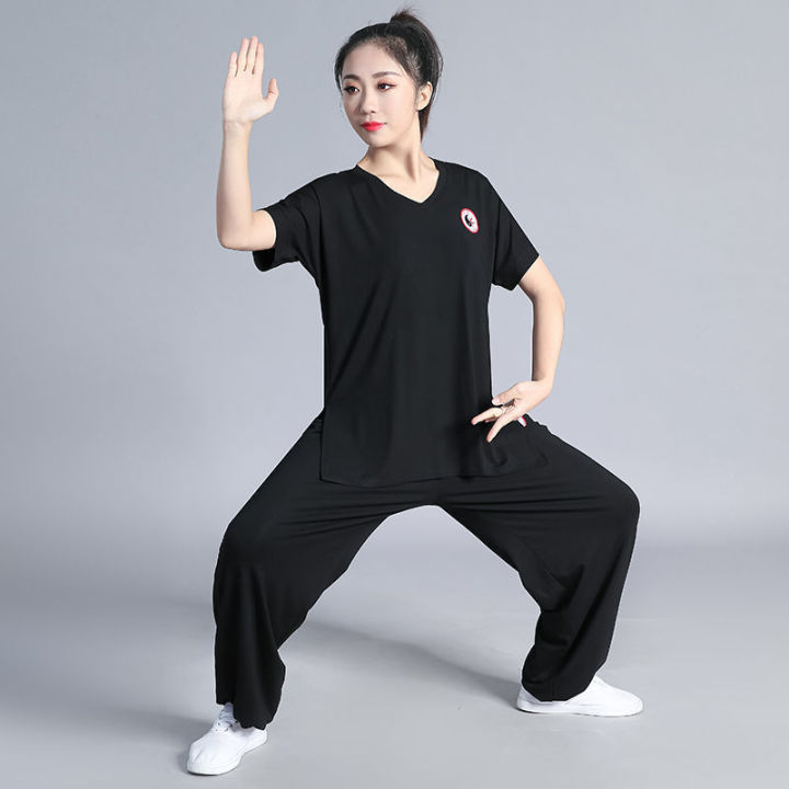 ชุดไทชิเสื้อแขนยาวกังฟูสำหรับผู้ชายผู้หญิงชุดคอตตอนคุณภาพสูงแขนสั้นใหม่สำหรับการแสดงสไตล์จีน