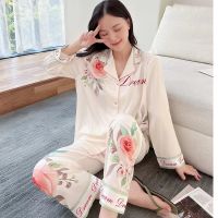 Womens ice silk long-sleeved trousers pajamas rose high-end pajamas two-piece set big-name home service suit top