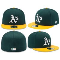 MLB หมวกนักกีฬา Oakland หมวกหมวกเบสบอลขอบเรียบแบบปิดเต็มหมวกกีฬา Unisex หมวกขนาดหมวกสีเหลืองสีเขียว