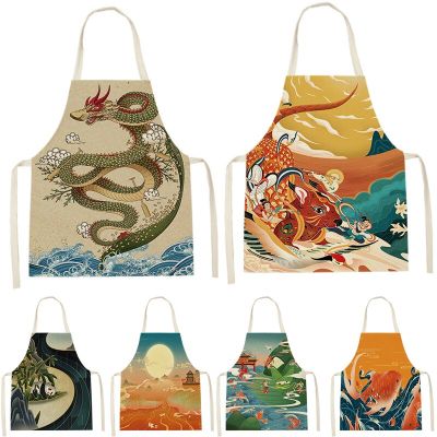 1 Piece Of Chinese Dragon Print Sleeveless Apron ChildrenS Cleaning Family Men And Women Kitchen Cooking Waist Bib Anti-Fouling