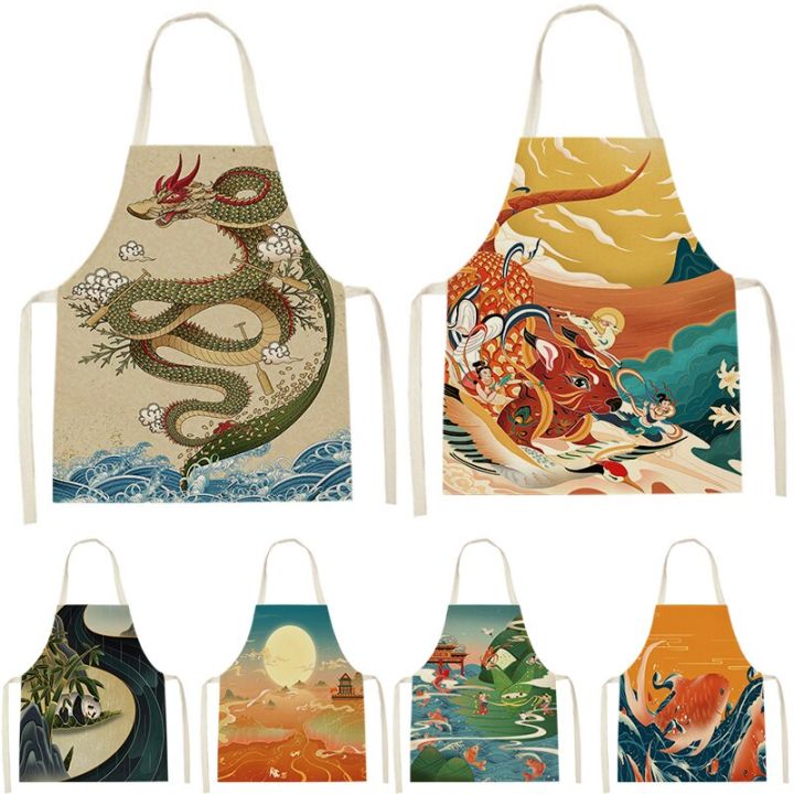 1-piece-of-chinese-dragon-print-sleeveless-apron-childrens-cleaning-family-men-and-women-kitchen-cooking-waist-bib-anti-fouling