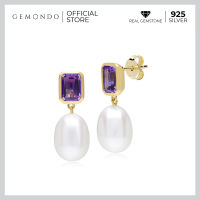 Gemondo ต่างหูระย้าเงินแท้ 925 ชุบทอง 18K ประดับอเมทิสต์ (Amethyst) และไข่มุก (Pearl) : ต่างหูพลอย ต่างหูพลอยม่วง ต่างหูมุก