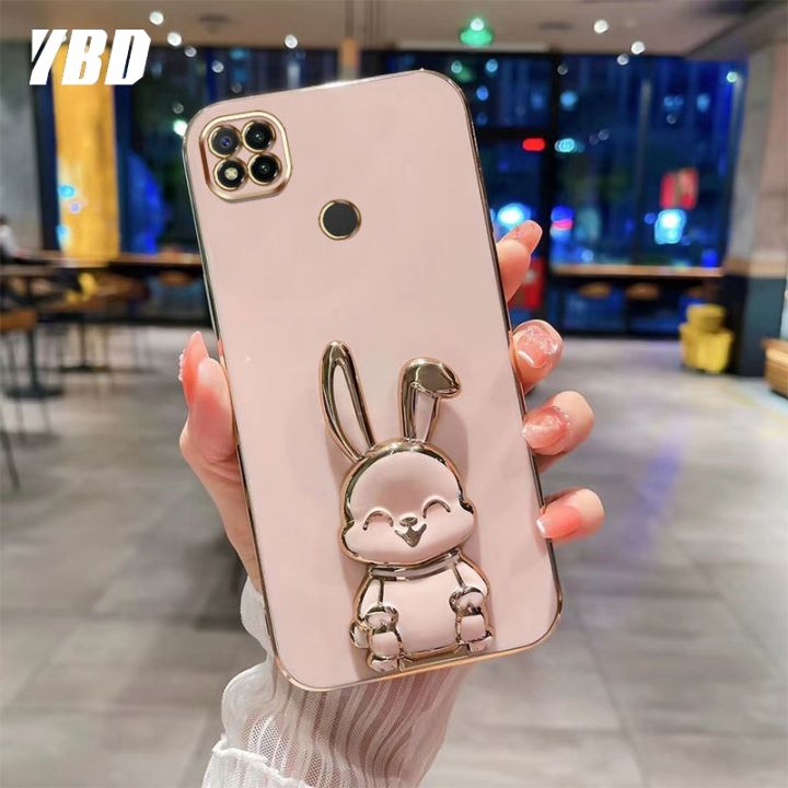 ybdเคสโทรศัพท์หม่สไตล์เข้ากันได้กับ-xiaomi-redmi-9c-10a-9a-8a-redmi-8-9-10-เคสการ์ตูนน่ารัก3dยิ้มกระต่ายชุบขาตั้งพับได้ปกอ่อน