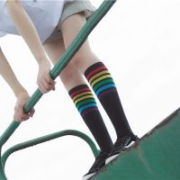 Women Cotton Thigh High Stocking Football Socks Rainbow Stripe Long Hosiery