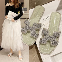 2021 New Slippers Female H Flat Shoes Sandals And Slippers Wild Beach Outdoor Shoes Rhinestone Sequins Flip Flops