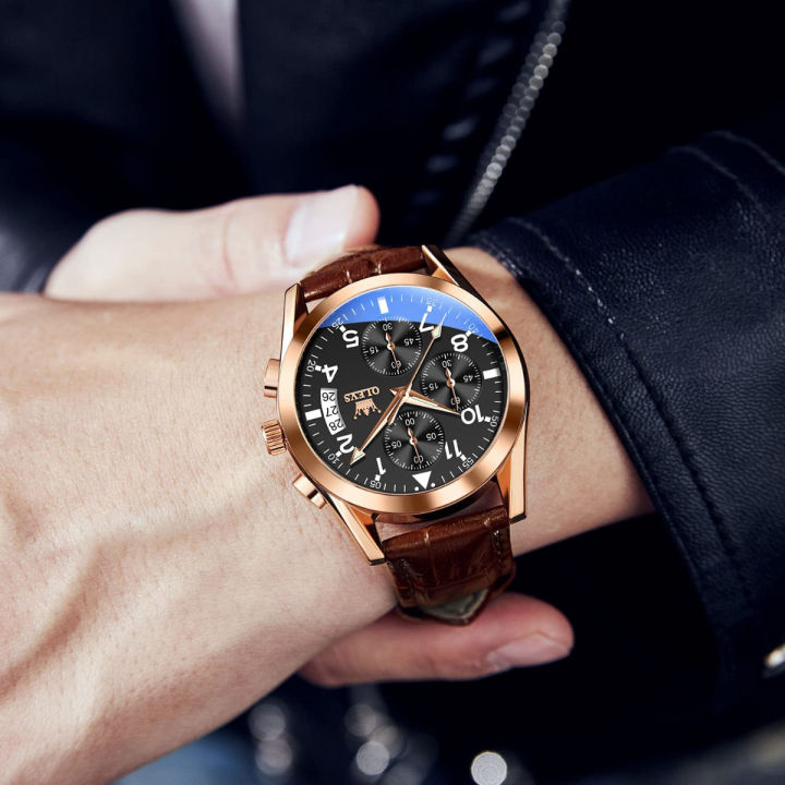 olevs-mens-casual-leather-watch-big-face-chronograph-watch-for-men-fashion-easy-to-read-dress-watch-mens-waterproof-luminous-date-analog-watch-gold-black-white-blue-dial-rose-gold-black-dial-brown-lea