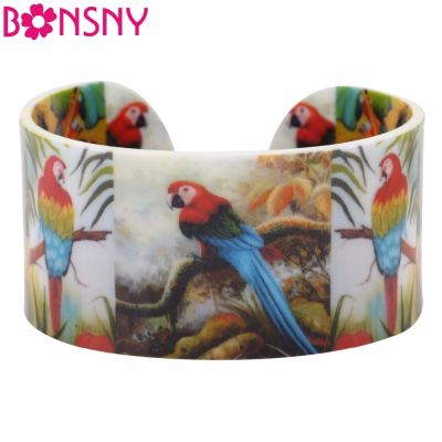 Bonsny Acrylic Jungle Animal Parrot Pattern Wide Love Bird Bracelets Bangles 2017 New Fashion Jewelry For Women Charm Girl