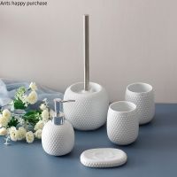 ┇ White Ceramic Bathroom Set Wash Set Toiletries Accessories Bathroom 5-piece Set Lotion Bottle Mouth Cup Soap Dish Toilet Brush