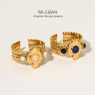 【YF】 YACHAN Boho Vintage Stainless Steel Rings for Women Pink Natural Stone Lazurite 18K Gold Plated Aesthetic Trend Jewelry