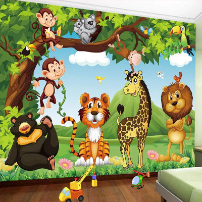[hot]Custom Photo Mural Wallpaper 3D Cartoon Forest Animal World Children Kids Room Bedroom Wall Painting Wallpaper Lion Tiger Monkey