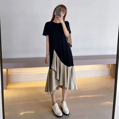 COD DSFDGDFFGHH [40-150kg] Plus Size Dress Women Summer Maternity Extra Large Loose Slimmer Look Fake Two-Piece Womens Mix Fabric Irregular Over-Knee T-Shirt Long Skirt