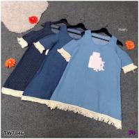 P7846  เดรสยีนส์เทียมเว้าไหล่ ฉลุรู  Off-the-shoulder faux denim dress