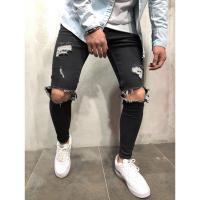 Men Jeans Streetwear Knee Ripped Skinny Hip Hop Fashion Estroyed Hole Pants Solid Color Male Stretch Casual Denim Big Trousers