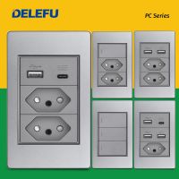 【LZ】✈☞  DELEFU-Tomada de Parede USB Dupla Tipo C Painel PC Cinza Tomada Padrão Brasil Interruptor de Luz Tomada Elétrica para Escritório 10A 20A