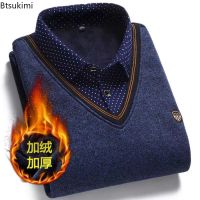 New 2023 Autumn Winter Mens Wool Shirt-Neck Sweater Fashionable Plaid Solid Thickened Warm Fleece High Quality Versatile Casual