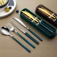 4PCS Stainless Steel Gold Spoon Knife Fork Chopsticks Set with Storage Box Travel Kid School Cutlery Kit Dinner Tableware Set Flatware Sets