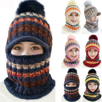 ผู้หญิงขนแกะเรียงราย Windproof Pompoms หมวกถักหมวกหมวกผ้าพันคอชุด Beanies หมวก