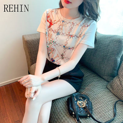 REHIN เสื้อยืดผู้หญิงสำหรับฤดูร้อนสัมผัสการออกแบบแฟชั่นใหม่,เสื้อช่องรอบคอสีขาวหลวมสง่างามลำลองแขนสั้น