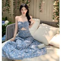 Condole belt dress female summer French hollow out design feeling wipes bosom skirt waist long floral play cable