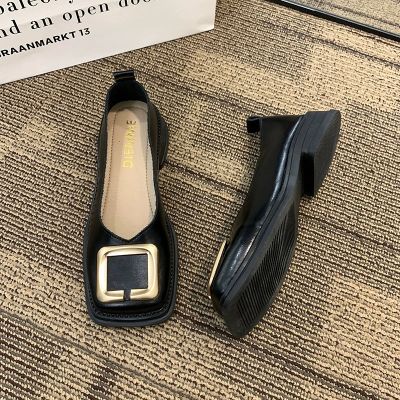 French style small leather shoes for womens 2023 autumn new high-end metal square buckle Mary Jane shoes temperament shallow cut single shoes