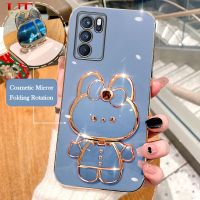 เคสโทรศัพท์ตัวยึดกระจกแต่งหน้ากระต่ายเคลือบ6D แฟชั่นสำหรับ OPPO Reno Reno 2F 2Z Reno 3 Reno 4 Reno 5 Reno 6Z Reno 7Z Reno 8 PRO Reno 8T Reno 4F 5F ดีไซน์ใหม่ชุบทองฝาครอบหลังซิลิโคนนิ่ม