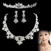 ๑✲❉ 1Set Flower Crystal Pearl Bride Necklace Earrings Headband Tiara Bridal Wedding Jewelry For Women