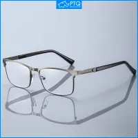 PTQ แว่นตาอ่านหนังสือชายสีฟ้า,แว่นสายตายาวกรอบสแตนเลสสำหรับธุรกิจเกรด + 100 + 150 + 200 + 250 + 300 + 350 + 400