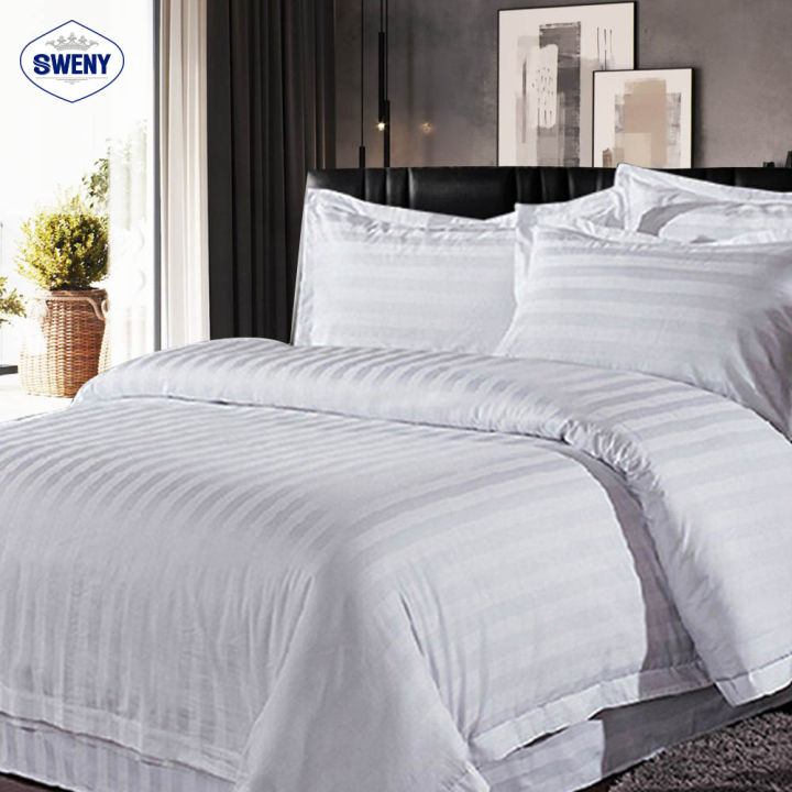 sweny-ชุดผ้าปูที่นอน-รัดมุม-5ฟุต-ขนาด5x6-5ฟุต-cotton100-250t-ลายเรียบและลายริ้ว-ผ้าปูที่นอน-ชุดเครื่องนอน-ชุดผ้าปูที่นอน