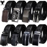 1 Formal Black Genuine Leather Mens Belts Automatic Buckles Ratchet Dress Jeans Waistband Straps Casual Adjustable High Quality