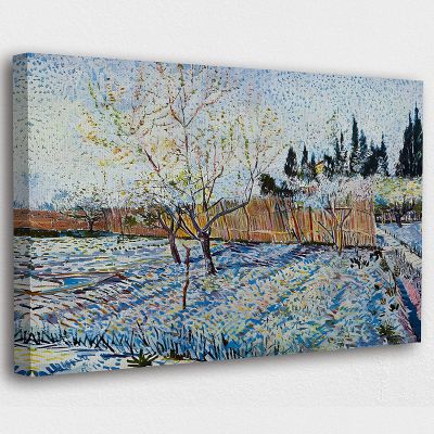 ทุ่งข้าวสาลีกับไซเปรส Vincent Van Gogh ศิลปะบนผืนผ้าใบสำหรับติดกำแพงคืนที่เต็มไปด้วยดวงดาวรถตู้โก๊ะภาพตัวเองภาพวาดกรอบศิลปะผนังขนาดใหญ่สำหรับตกแต่งผนังสำหรับห้องนอน Vincent Van Gogh สวนผลไม้ที่มีต้นพีชมีดอกบาน X พร้อมแขวน