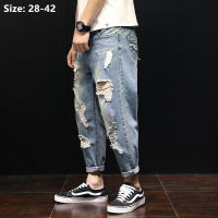 【CW】Men Summer Ripped Ankle Length Plus Size Jeans 38 40 42 Harem Holes Hip Hop Trousers Denim Scratched Loose Boys Cool Blue Pants