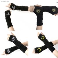 ▧♛▥ Punk EMO Style Streetwear Women Wrist Arm Knitted Long Fingerless Gloves Black Mitten Halloween Cross Gloves Dark Moon