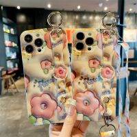 เคสนิ่มติดเพชรลายดอกไม้3D,สำหรับ iPhone 12 13 14 Pro Max สายคล้องคอโซ่พันข้อมือเคสป้องกันทั้งตัวขาตั้ง