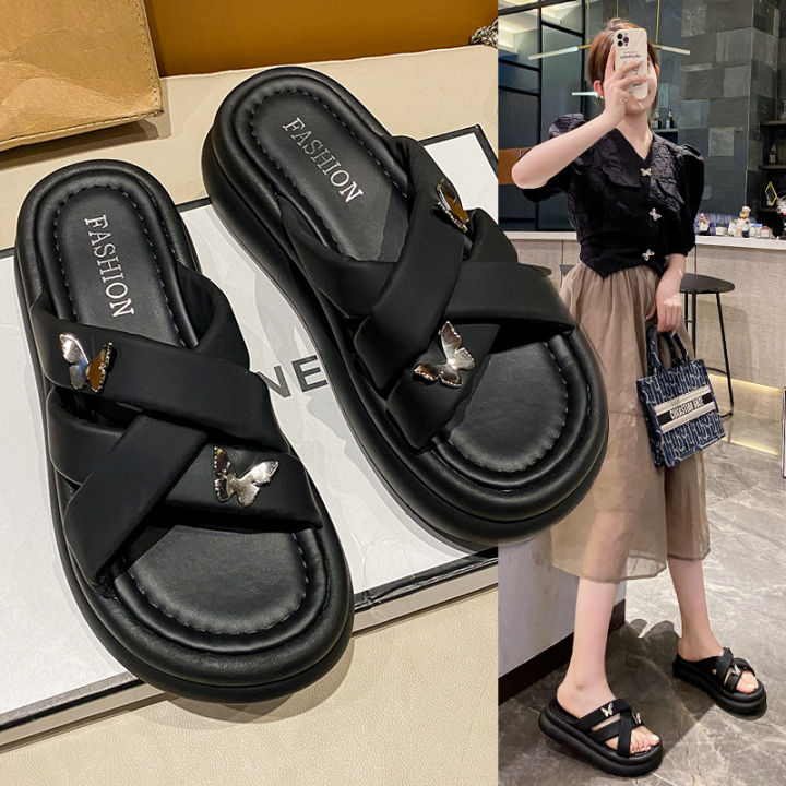 new-thick-sole-soft-leather-slippers-for-women-in-2023-summer-outwear-cross-soft-sole-beach-shoes-for-leisure-fairy-wind-cooling-slippers