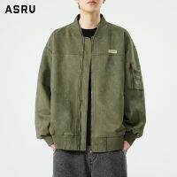 ASRV แจ็คเก็ตหนังกลับมีฮู้ดคอกลมผู้ชายวินเทจ Jaket Baseball ทึบ