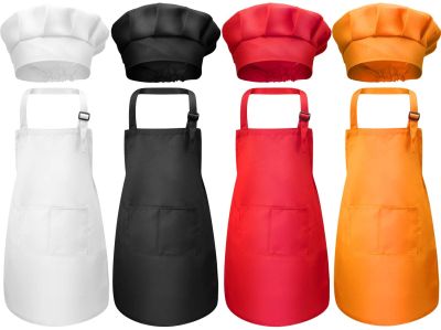 Cute Child Craft Apron and Hat Sets Household Cleaning Tools Solid Color Front Pocket Bib Apron + Elastic Band Art Cooking Cap Aprons