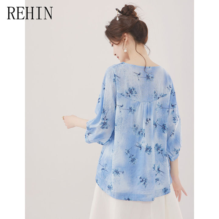 rehin-เสื้อผู้หญิงผ้าฝ้ายและผ้าลินินพิมพ์ลาย-เสื้อแบบสวมหัวทรงหลวมแฟชั่นใหม่ฤดูร้อน