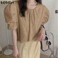 (จัดส่งฟรี)Fancystyle VONDA ผู้หญิงสไตล์เกาหลีแขนสั้นจีบท็อปส์ลำลองสีทึบ O คอเสื้อ