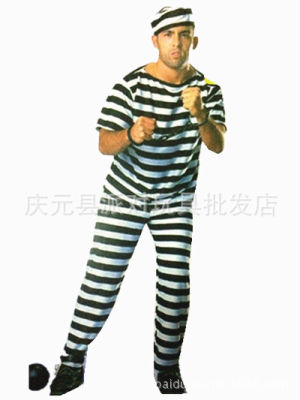 [In stock] ฮาโลวีนสวมหน้ากาก ฮาโลวีนเสื้อผ้าแขนยาว ชุดนักโทษลายทางสีดำและสีขาว