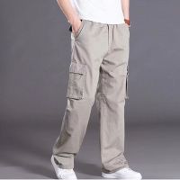 Mens casual trousers cotton overalls elastic waist full len multi-pocket plus fertilizer XL mens clothing big size cargo pants